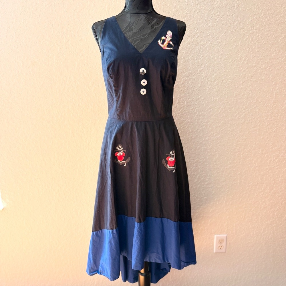 eShakti Nautical Anchor Embroidered Midi Dress Women 16W Navy-Blue Rockability